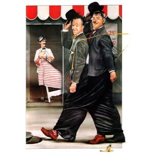 een schilderij van twee mannen die door een straat lopen