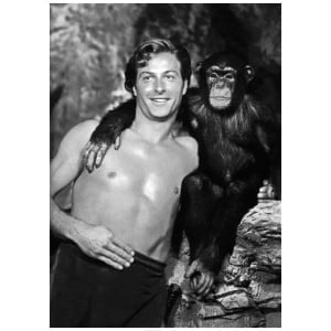 een man die naast een aap op een rots staat