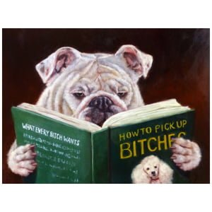een schilderij van een hond die een boek leest
