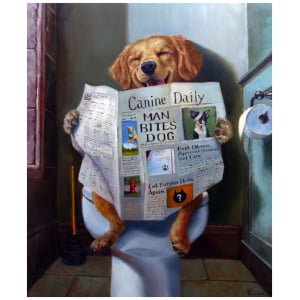 een schilderij van een hond die bovenop een toilet een krant zit te lezen