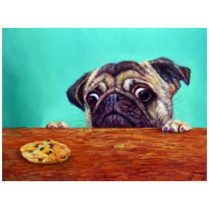 een schilderij van een mopshond die over een tafel kijkt