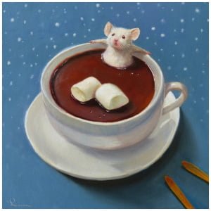 een schilderij van een kopje chocolade met marshmallows erin