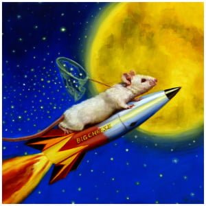 een schilderij van een muis die bovenop een raket rijdt