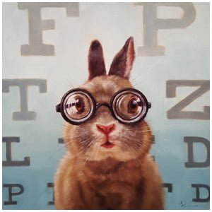 een schilderij van een konijn met een bril