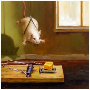 een muis aan een touwtje aan een stuk kaas