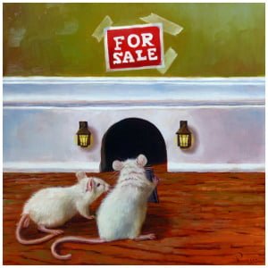 een schilderij van twee muizen voor een te koop bord