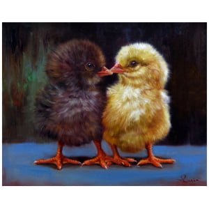 een schilderij van twee kippen die naast elkaar staan