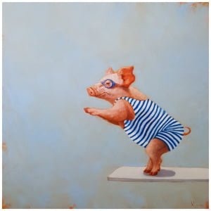 een schilderij van een varken dat een blauw-wit gestreept shirt draagt