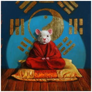 een schilderij van een rat zittend op een kussen