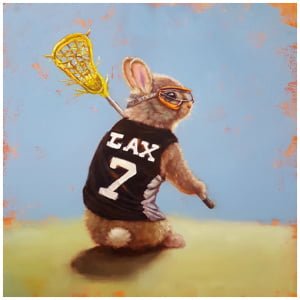 een schilderij van een konijn dat een lacrosse-trui draagt