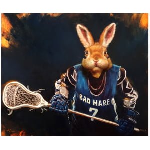 een schilderij van een konijn dat een lacrossestok vasthoudt