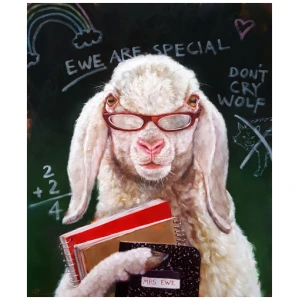 een schilderij van een konijn met een bril die een boek vasthoudt