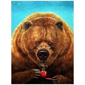 een schilderij van een bruine beer met bril die een rode beker vasthoudt