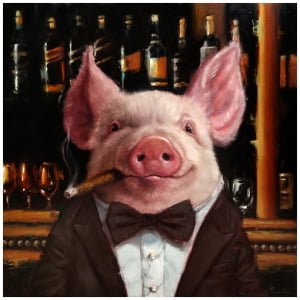 een varken in een smoking die een sigaar rookt