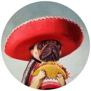 een mopshond die een sombrero draagt ​​en een taco vasthoudt
