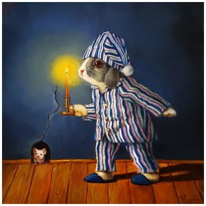 een schilderij van een konijn dat een aangestoken kaars vasthoudt