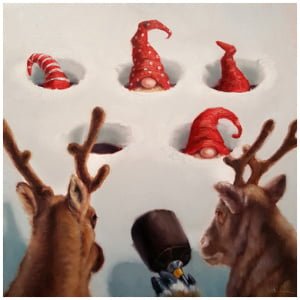 een schilderij van kerstmutsen en rendieren in de sneeuw