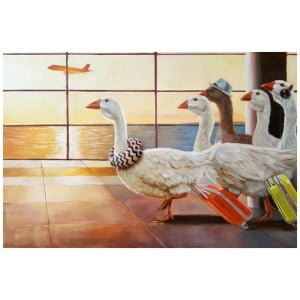 een schilderij van drie eenden met bagage