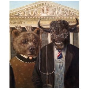 een schilderij van twee dieren die een bril dragen en naast elkaar staan