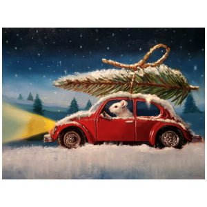 een schilderij van een rode auto met een kerstboom erop