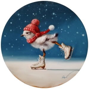 een schilderij van een vogel met een hoed en schaatsschoenen
