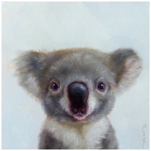 een schilderij van een babykoala met zijn mond open