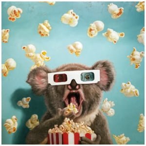 een koala die een 3D-bril draagt ​​terwijl hij popcorn eet
