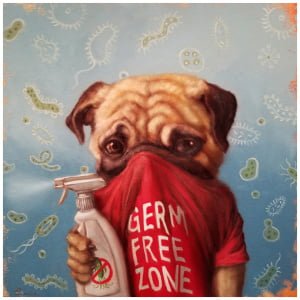 een schilderij van een mopshond die een spuitfles vasthoudt