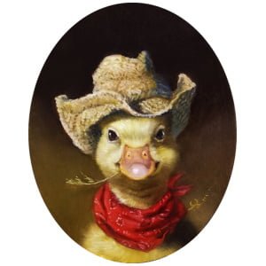 een schilderij van een eend met een cowboyhoed