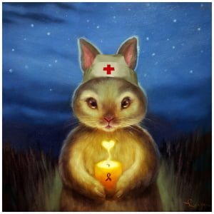 een schilderij van een konijn dat een aangestoken kaars vasthoudt