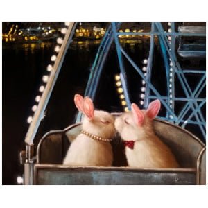 twee witte konijnen in een kar met reuzenrad op de achtergrond