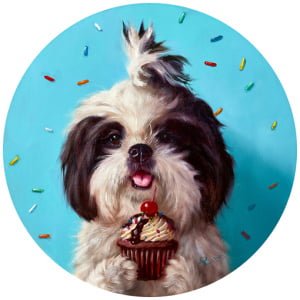 een schilderij van een hond met een cupcake in zijn mond