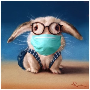 een schilderij van een konijntje met een gezichtsmasker