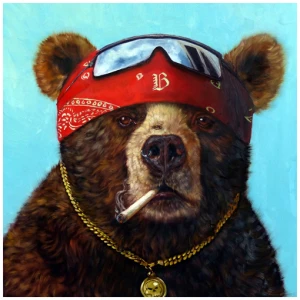 een schilderij van een beer die een bandana draagt ​​en een sigaret rookt