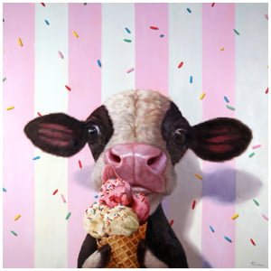 een schilderij van een koe die een ijshoorntje eet