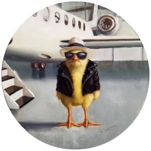 een schilderij van een kip met een zonnebril en een hoed