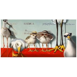 een schilderij van vogels met hoeden en zonnebrillen