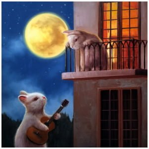 een schilderij van een rat die gitaar speelt