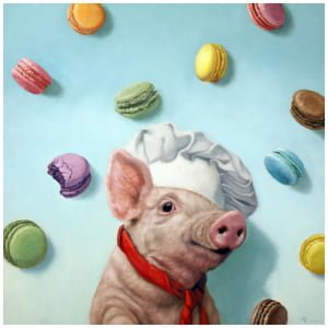 een schilderij van een varken met een koksmuts omringd door bitterkoekjes