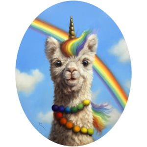 een schilderij van een lama met een regenboog op zijn kop