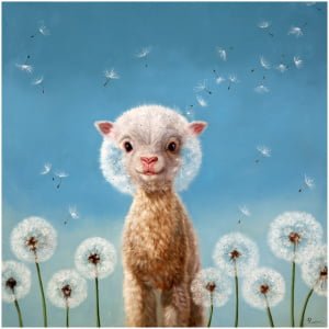 een schilderij van een babyschaap met paardebloemen op de achtergrond