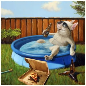 een schilderij van een hond in een zwembad met een biertje en pizza