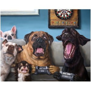 een schilderij van drie honden die videogames spelen