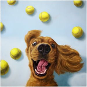 een schilderij van een hond met tennisballen in de lucht