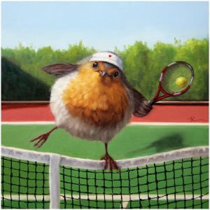 een schilderij van een vogel die een tennisracket vasthoudt