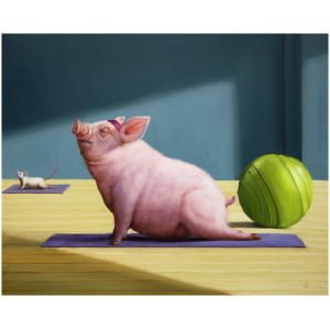 een schilderij van een varken zittend op een yogamat naast een groene bal