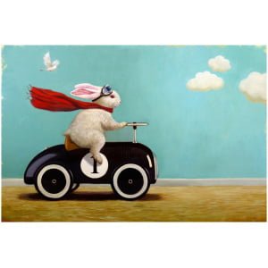 een schilderij van een konijn dat in een speelgoedauto rijdt