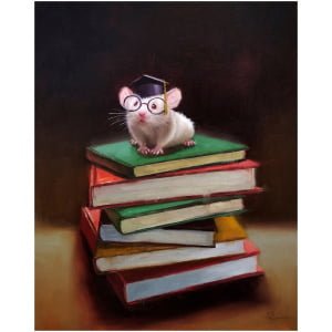 een schilderij van een muis met een bril bovenop een stapel boeken
