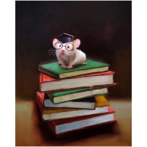 een schilderij van een muis met een bril bovenop een stapel boeken
