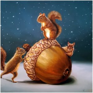 een schilderij van drie eekhoorns bovenop een eikel